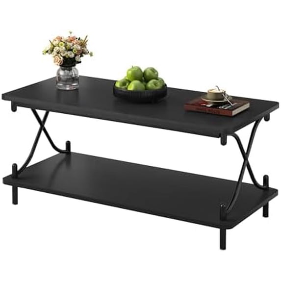 39-Inch Coffee Table with Storage and Open Shelves for Living Dining Room, Modern Rectangle & Industrial Design, X-Shape Frame, Black