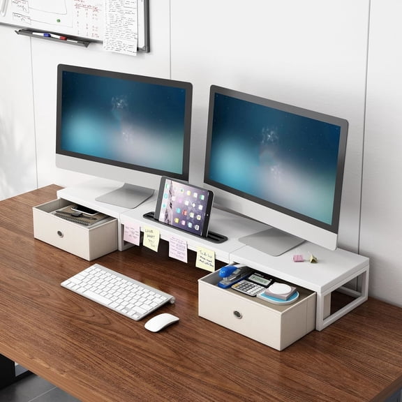 39 Inch Dual Monitor Stand Riser with 2 Drawers - White Wooden Computer Stand for 2 Monitors, Desk Organizer with Phone Holder, Desktop Storage for Laptop, Office Supplies, Home Office