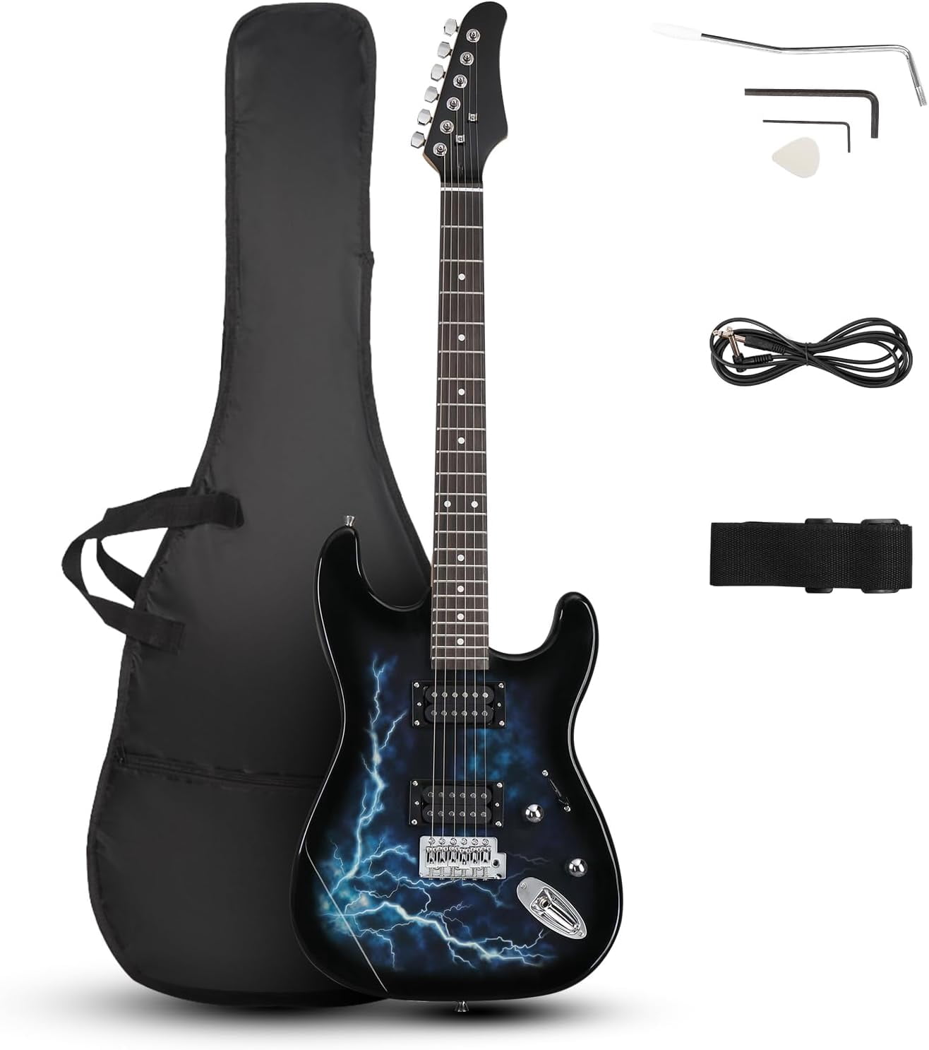 39 Inch Electric Guitar, Full Size Solid Body H-H Pickups 6 Strings Beginner Guitar Kit With Gig Bag, Strap, Tremolo Arm, Cable & Picks (Black Back)