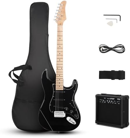 39 Inch Electric Guitar Kit, Full-Size Beginner Solid Body SSS Pickups Guitar Kit with Gig Bag, 20W Amplifier, Strap, Tremolo Bar, & Cable