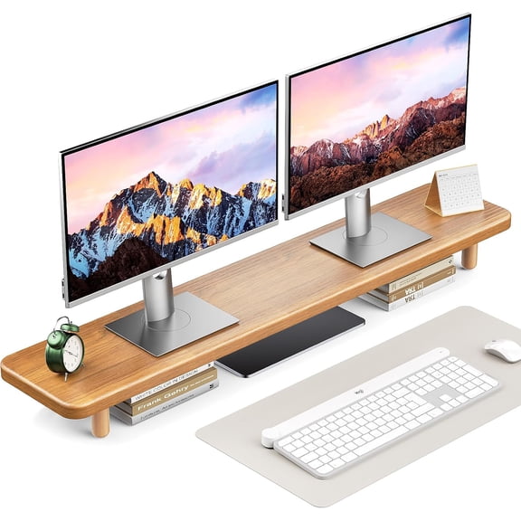 39 Inch Extra Long Wooden Desktop Monitor Riser with Storage for 2 Monitors Ultra Strong Desk Shelf Organizer Riser Ergonomic for 2 Screens/Laptop/PC/TV/Printer (Light Walnut, 39inches)