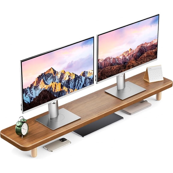 39 Inch Extra Long Wooden Desktop Monitor Riser with Storage for 2 Monitors Ultra Strong Desk Shelf Organizer Riser Ergonomic for 2 Screens/Laptop/PC/TV/Printer (Walut brown, 39inches)