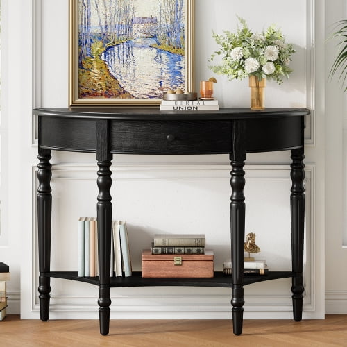 39 Inch Farmhouse Half Moon Console Table, Rustic Sofa Table with Drawer & Shelf, Entryway Accent Table for Living Room, Hallway, Foyer, Black