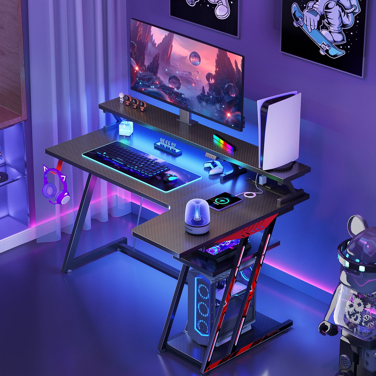 GTRACING 55 Large RGB Gaming Desk with Mouse Pad T Shaped Office Chair Computer Desk Spacious Work Surface Table Black Walmart