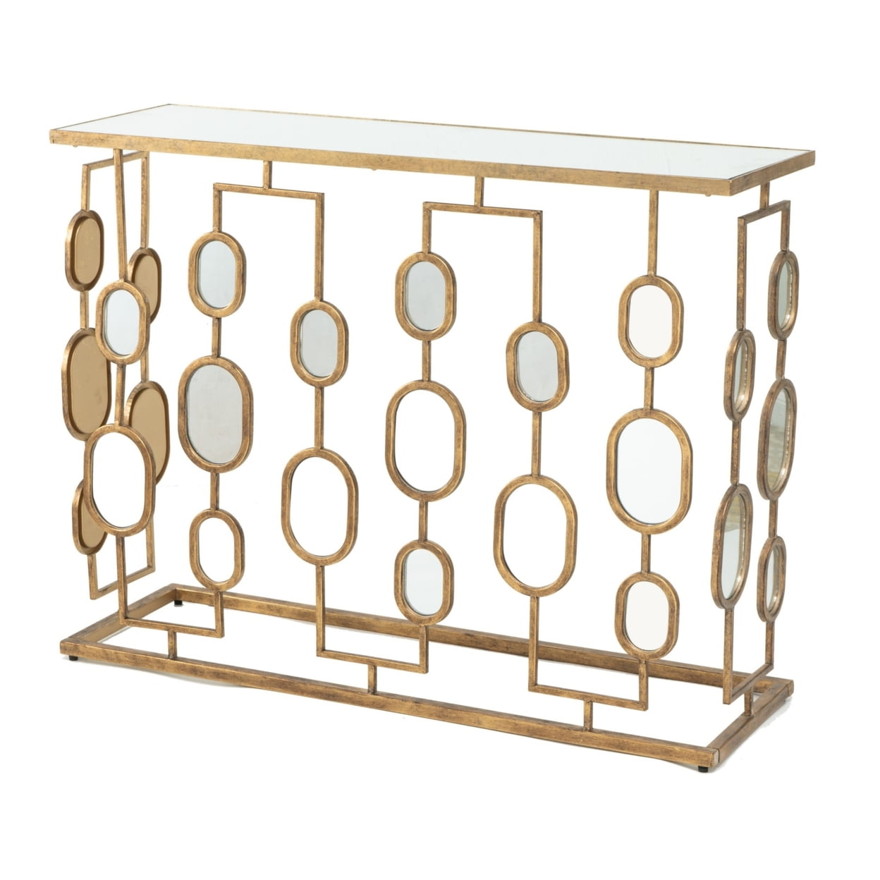 Vintage Gold Finish Iron Console Table with Mirrored Top, 40"