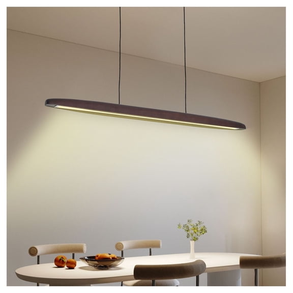39-Inch LED Wooden Pendant Light with Remote, Dimmable Hanging Chandelier for Dining Room Kitchen Living Room - Walnut Finish