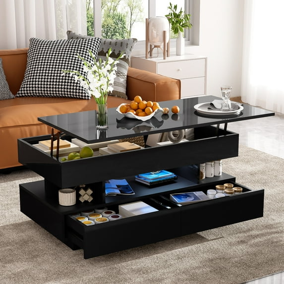 39 Inch Lift Top Coffee Table with 16 Color LED Lighting and Expanding Surface Dual Drawers and Hidden Storage Modern High Gloss Black Living Room Table for Small Spaces