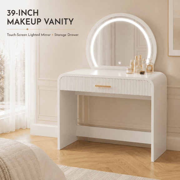 39-Inch Makeup Vanity Table with Touchscreen Lighted Mirror and Storage Drawer, White Dressing Table for Bedroom