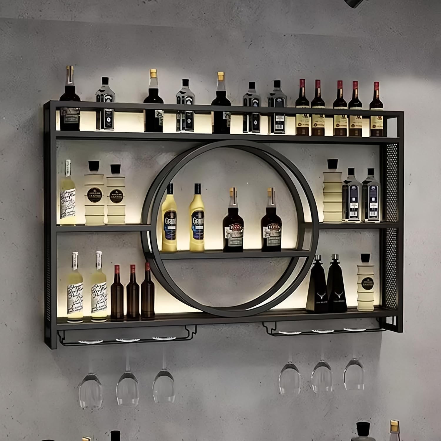 39 Inch Metal Wall Mounted Wine Rack, 3 Tier Bar Shelves with Glass ...
