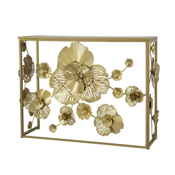 39 Inch Mirrored Top Console Table, Elegant Floral Design, Iron, Matte Gold- Saltoro Sherpi