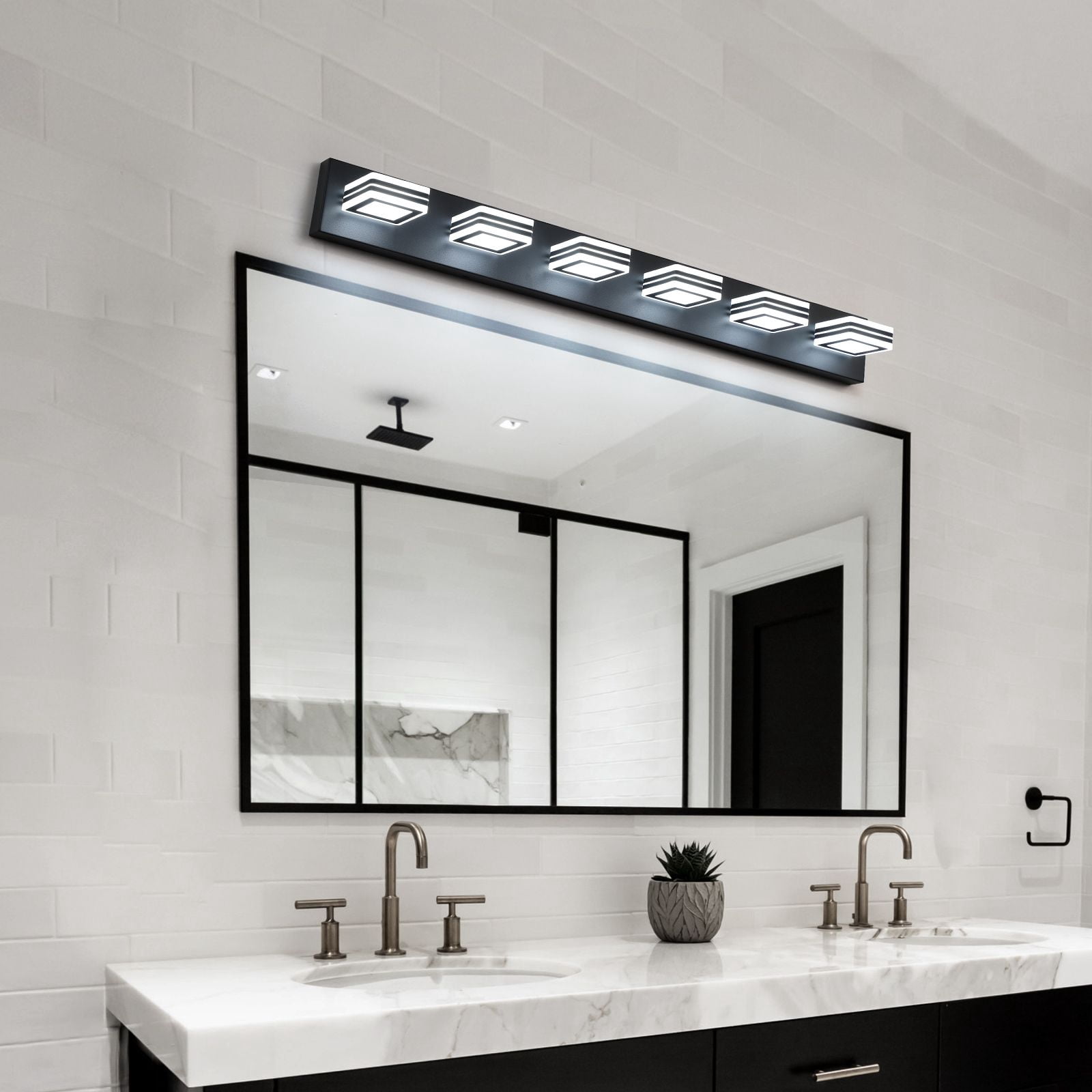 39 Inch Modern Black 6-Light LED Vanity Light Fixture, Square Acrylic Shade Wall Mount Bathroom Mirror Lighting, Hardwired