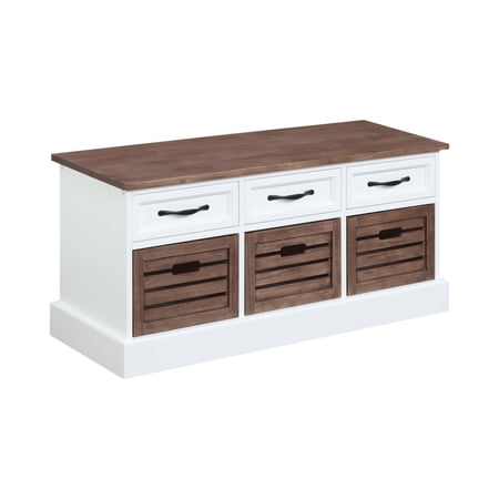 39 Inch Modern Storage Bench, 3 Drawers, Bar Handles, Wood, White, Brown