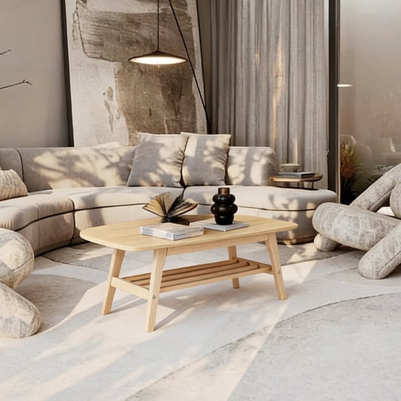 39-Inch Rectangle Coffee Table Double Layer Farmhouse with Storage Solid Wood for Apartment Office Living Room, Easy Assembly