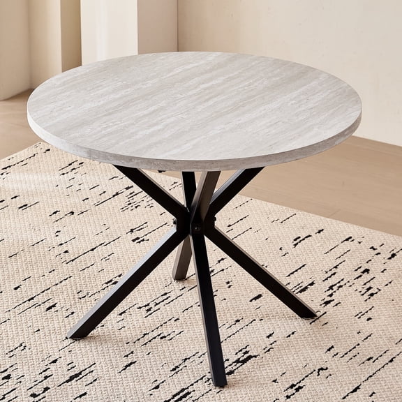 39 Inch Round Dining Table for 4, Mid-Century Kitchen Leisure Table for Apartment Living Room Space Saving, Metal Cross Legs, Gray Stone Pattern