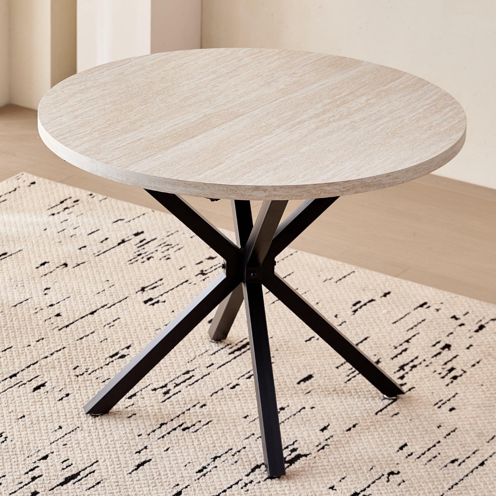 39 Inch Round Dining Table for 4, Mid-Century Kitchen Leisure Table for Apartment Living Room Space Saving, Metal Cross Legs, Light Stone Pattern