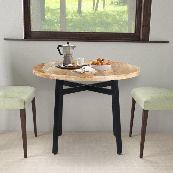 39 Inch Round Mango Wood Dining Table with Angled Iron Leg Support Natural Brown and Black- Saltoro Sherpi