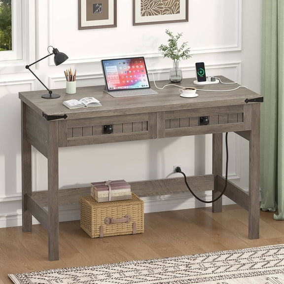 39 Inch Small Computer Desk with 2 Drawers and Power Outlets, Grey Wood Grain Finish, Space-Saving Home Office Desk for Small Spaces