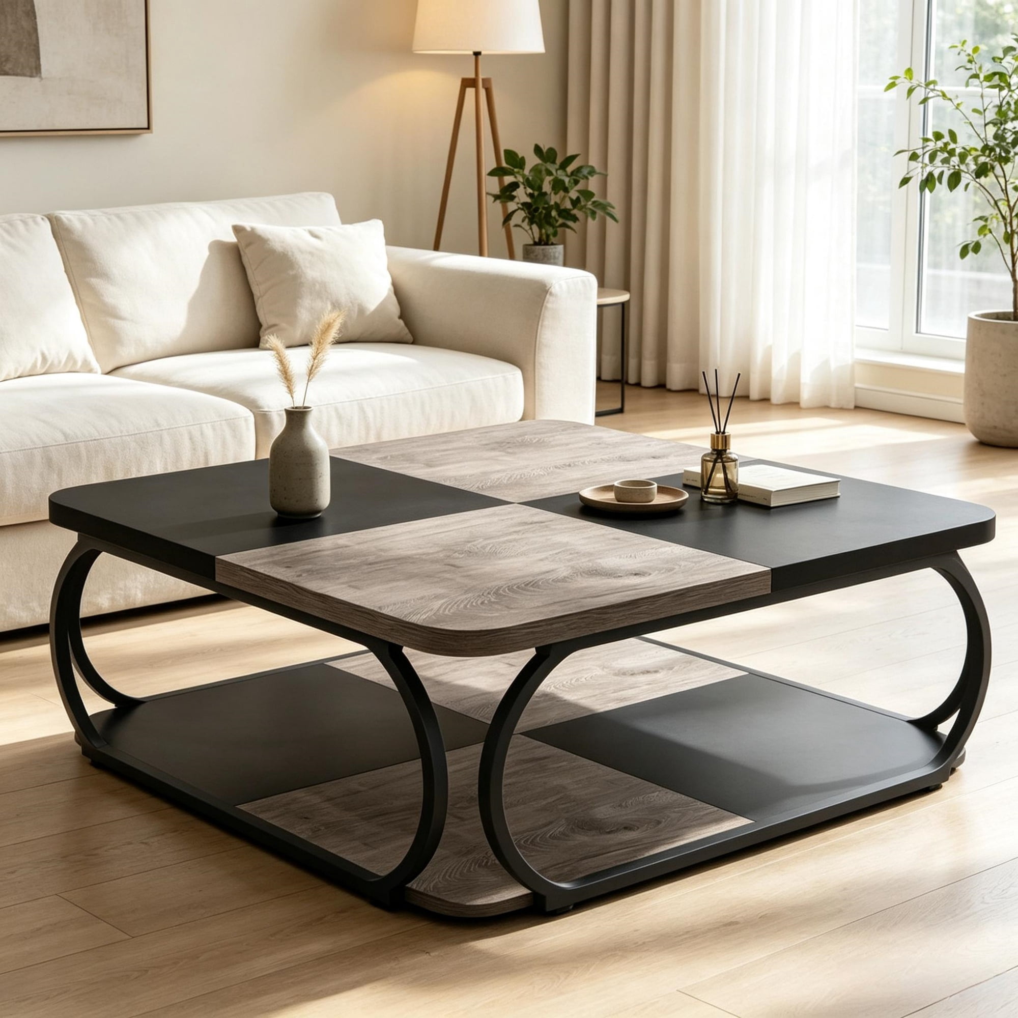 39 Inch Square Cocktail Table with 2 Tier Shelves, Central Coffee Table