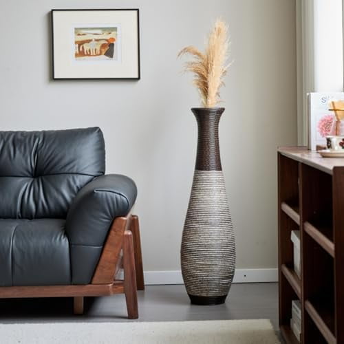39 Inch Tall Floor Vase - Artificial Rattan Standing Decor with Two-Tone Dark Brown Finish - Elegant & Durable Designer Accent for Living Room, Bedroom, Entryway$$Home Decor, Kitchen, & Other