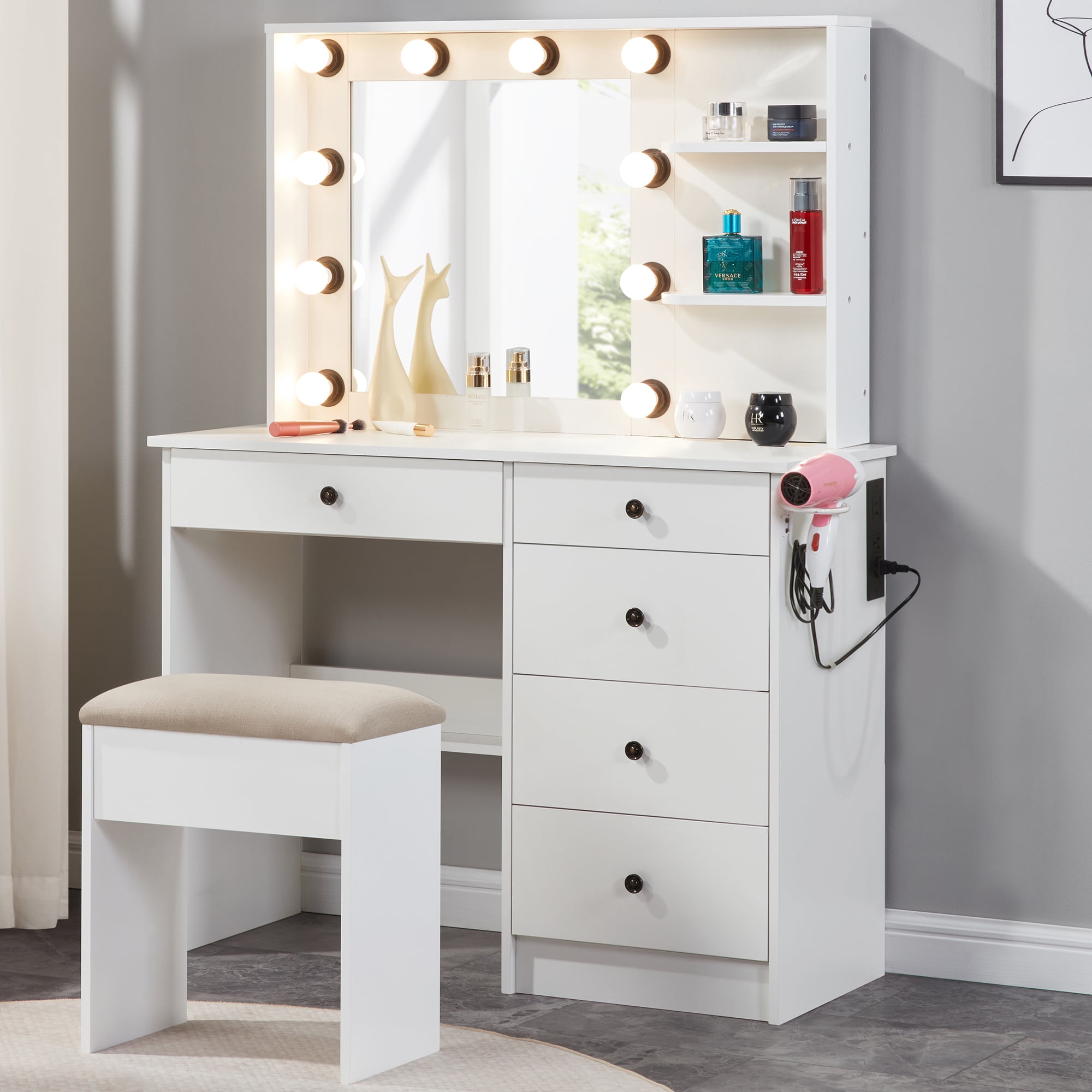 39 Inch White Makeup Vanity Desk Set with 9 LED Bulbs & Stool 5