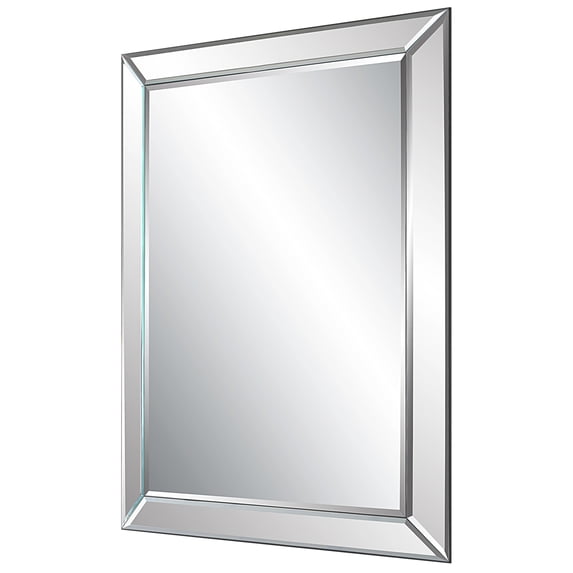 39 Inch Wood Mirror, Mirrored Frame, Beveled Panels, Silver, Saltoro Sherpi