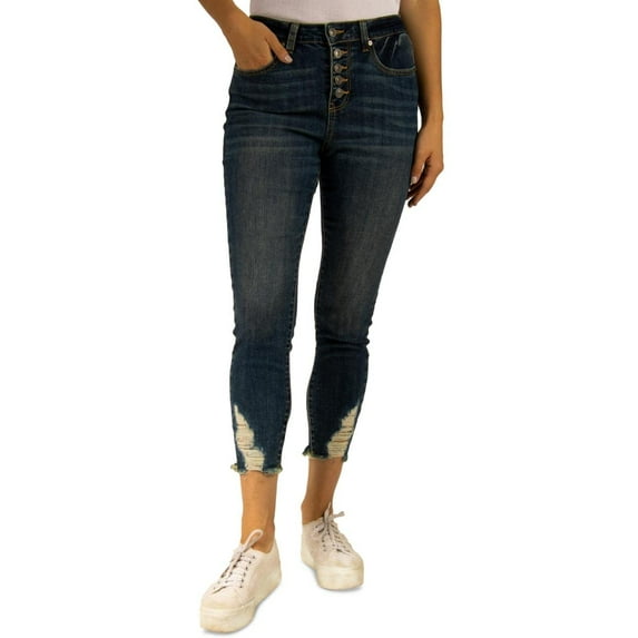 $39 Indigo Rein Womens Juniors Distressed Button Fly Cropped Jeans Blue Size 0