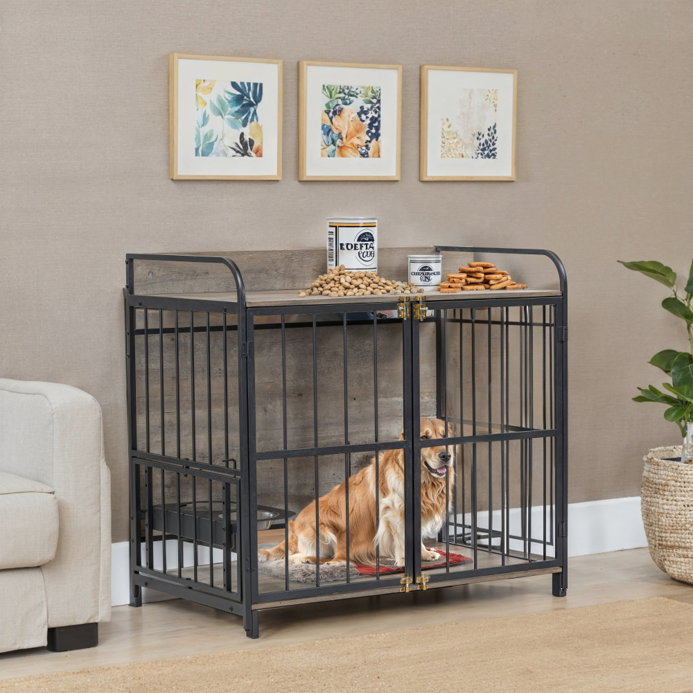 Image showcasing 39'' Indoor Metal Dog Crate with Double Doors, Wooden Side End Table ...