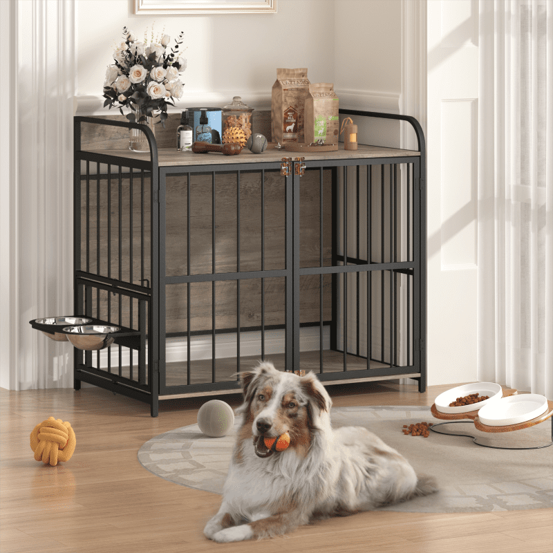 39'' Indoor Metal Dog Crate with Double Doors, Wooden Side End Table ... - Wall Attachable Dog Crate