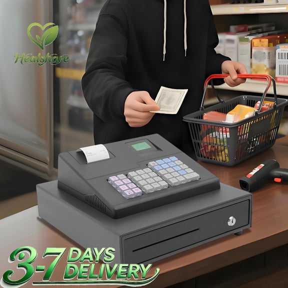 39 Keys Electronic Cash Register POS System Cash Register 8-digit LED w/ Cash Drawer, Cash Register, 39 Key Keyless POS System with Large Keypad and Lockable Drawer for Supermarket Retail