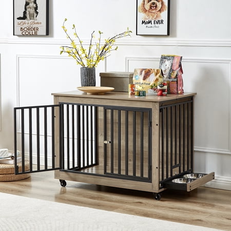 39''L Dog Crate Furniture, Dog Kennel & End Table for Large Dogs, Openable Top Dog Cagew/Sliding Door, Fixed Wheels, With Feeding Bowl for 2 Dogs, Grey