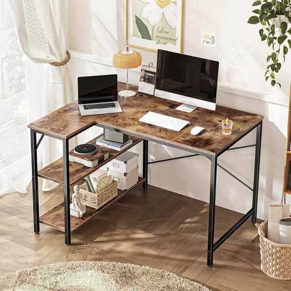 39" L Shaped Desk, Computer Desk with Reversible Storage Shelves, for Gaming Corner Home Office Writing Study, Metal Frame