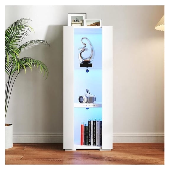 39" LED Display Cabinet with 3 Glass Shelves & 1 Door, Modern Wall-Mounted Curio Cabinet Display Case Storage Cabinet, High Gloss Floor Standing Bookshelf for Living Room Bedroom (White)