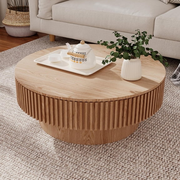 YWEN 39.37'' Round Coffee Table with Storage, Solid Wood Veneered Modern Drum Coffee Table Accent Tea Table for Living Room, Bedroom, Apartment or Office