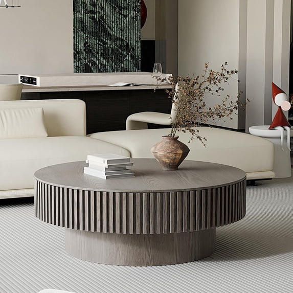YWEN 39.37'' Round Coffee Table with Storage, Solid Wood Veneered Modern Drum Coffee Table Accent Tea Table for Living Room, Bedroom, Apartment or Office