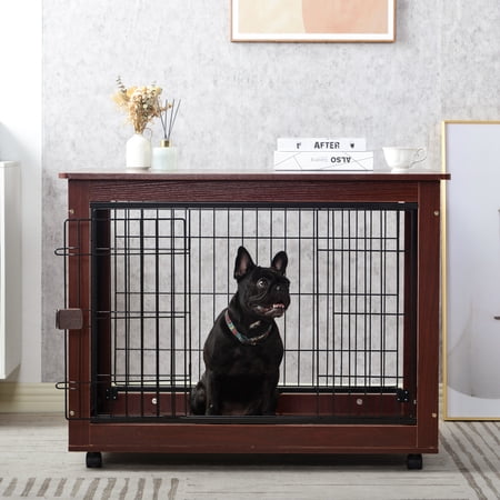 39” Length Dog Crate Cage End Table, Furniture Style Pet Dog Crate Cage Sofa Table with Wooden Structure and Iron Wire and Lockable Caters, Medium and Large Dog House Indoor Use