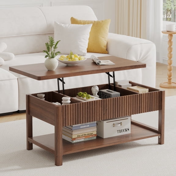 Pusnapku 39" Lift Top Coffee Table, 2-Tier Wood Center Table with Hidden Storage Space, Open Shelf, Modern Fluted Desk for Living Room, Home Office