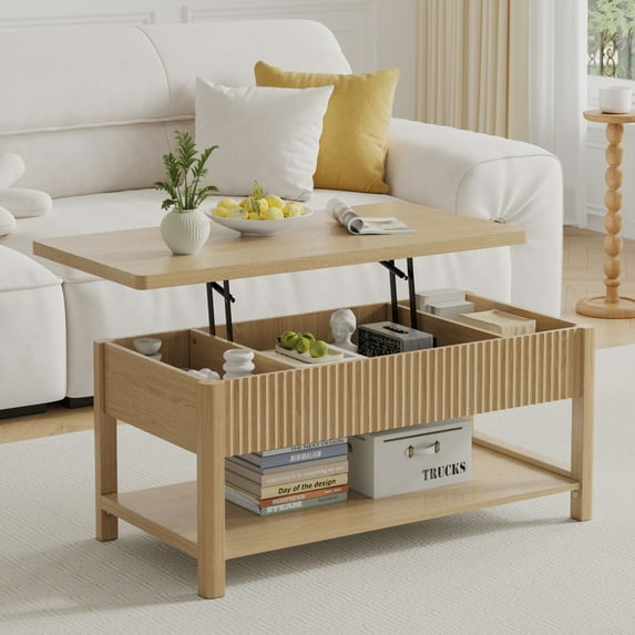 39" Lift Top Coffee Table, 2-Tier Fluted Center Table with Hidden Storage Space and Open Shelf, Modern Rectangle Wood Tea Table Suitable for Living Room, Home Office