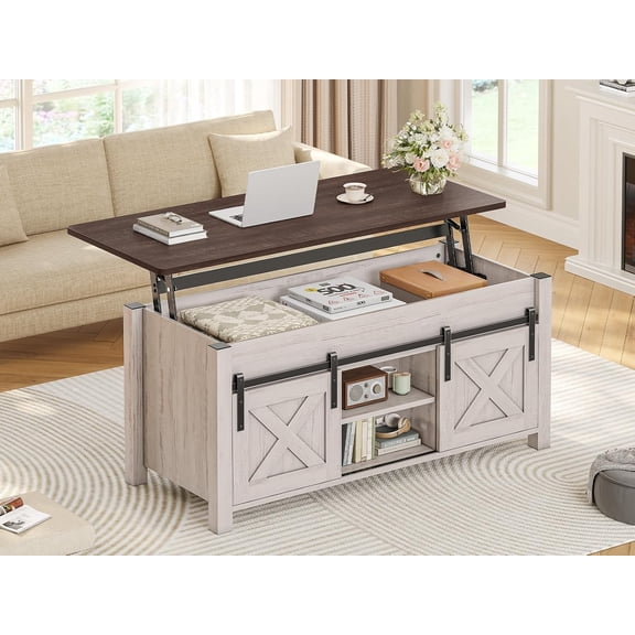 39" Lift Top Coffee Table, Farmhouse Wood Dining Table with Gas Spring Lift Mechanism, Storage Center Table with Sliding Barn Door & Hidden Compartment for Living Room, Vintage White