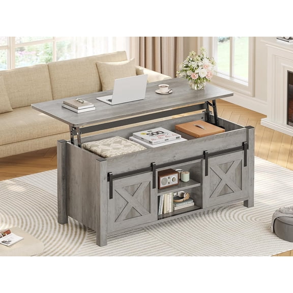 39" Lift Top Coffee Table, Farmhouse Wood Dining Table with Gas Spring Lift Mechanism, Storage Center Table with Sliding Barn Door & Hidden Compartment for Living Room, Grey