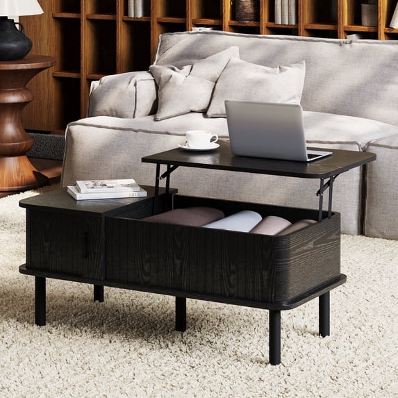Pusnapku 39" Lift Top Coffee Table, Fluted Rectangle Center Table with Hidden Storage and Sliding Door, Wood Accent Desk for Living Room, Home Office