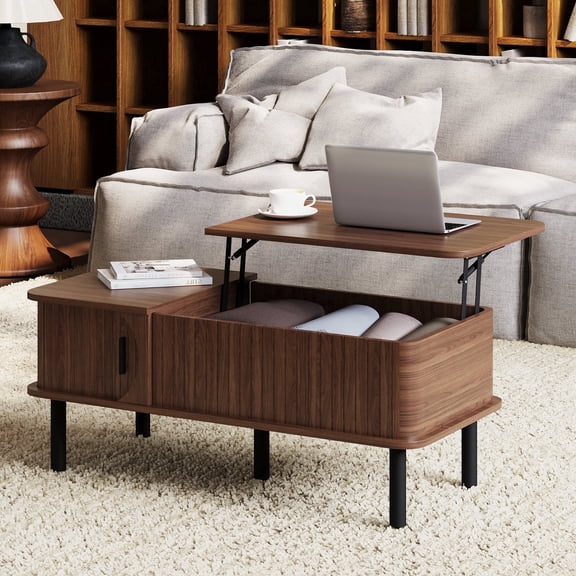 Pusnapku 39" Lift Top Coffee Table, Fluted Rectangle Center Table with Hidden Storage and Sliding Door, Wood Accent Desk for Living Room, Home Office