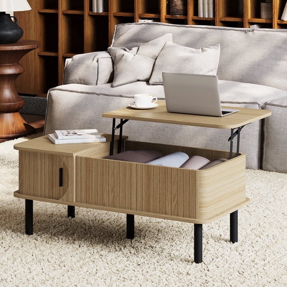 Pusnapku 39" Lift Top Coffee Table, Fluted Rectangle Center Table with Hidden Storage and Sliding Door, Wood Accent Desk for Living Room, Home Office