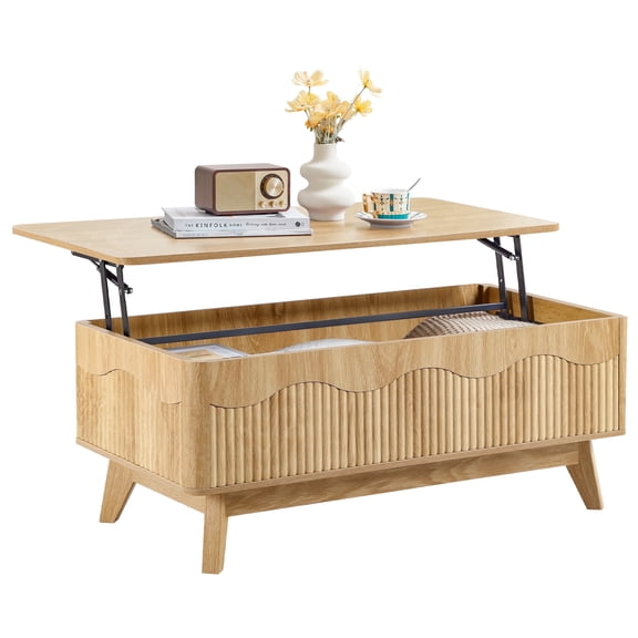 MIYZEAL 39" Lift Top Coffee Table with Storage, Mid-Century Modern Fluted Wood Coffee Table with Wavy Edge & Hidden Compartment, Natural Wood Pop-Up Center Table for Living Room, Home Office