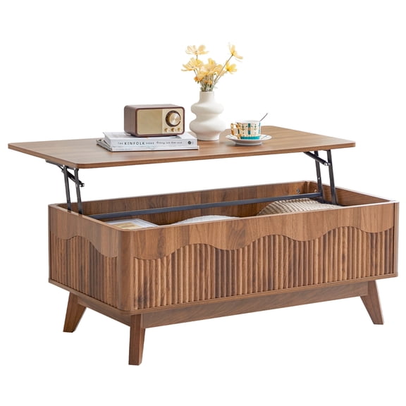 MIYZEAL 39" Lift Top Coffee Table with Storage, Mid-Century Modern Fluted Wood Coffee Table with Wavy Edge & Hidden Compartment, Walnut Pop-Up Center Table for Living Room, Home Office