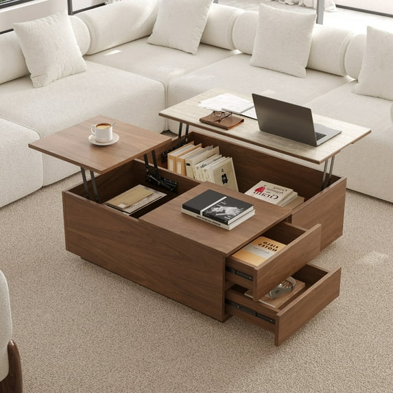 39" Lift-Top Solid Wood Coffee Table w/ Storage & Travertine Veneer