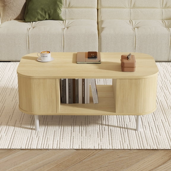 39" Living Room Coffee Table with Open Storage Shelf & Side Cabinets,Oak