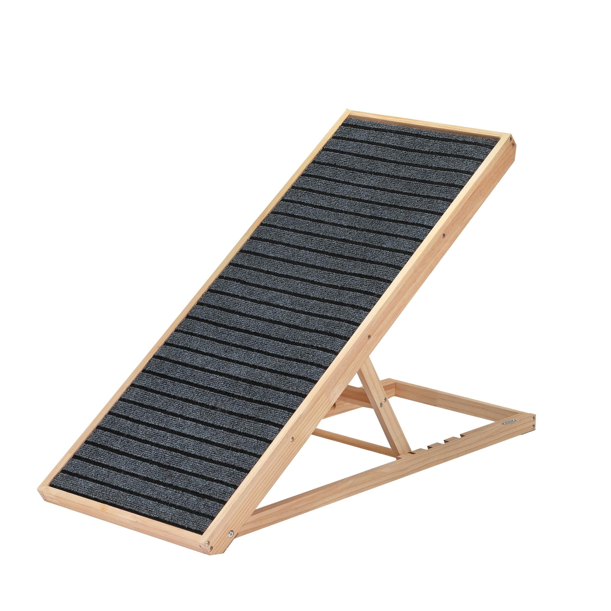 Adjustable Natural Pinewood Folding Pet Ramp with Gray Nonslip Mat