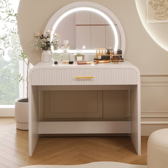 39" Makeup Dressing Table, White Color | Lighted Mirror for Bedroom Makeup Routine | High - quality MDF and Rubber Wood | Drawer for Organizing Beauty Accessories