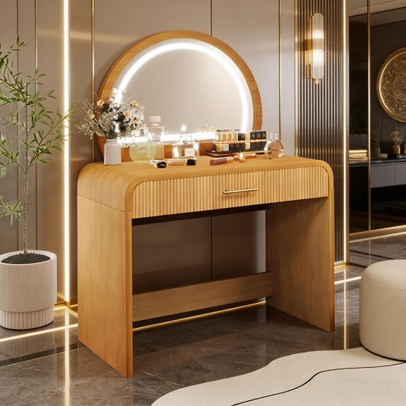 39" Makeup Vanity Table with Mirror, Touch Screen Lighted Mirror, Dressing Table with Drawer for Bedroom, Natural Finish, Modern Vanity Desk with Smart LED Mirror