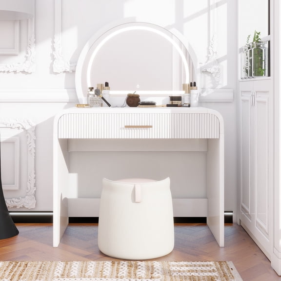 39" Makeup Vanity Table with Mirror Touch Screen Lighted Mirror, Dressing Table with Drawer for Bedroom, White
